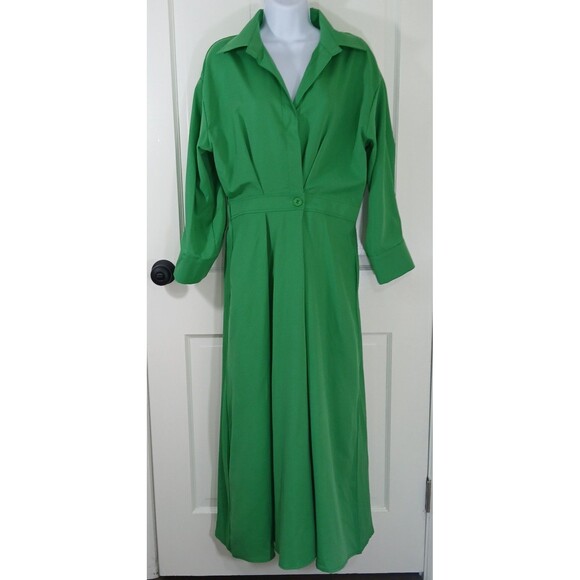 Women's Green Collared Shirt Dress Long Sleeve Midi Pleated Dress By UOOZEE - Picture 2 of 16